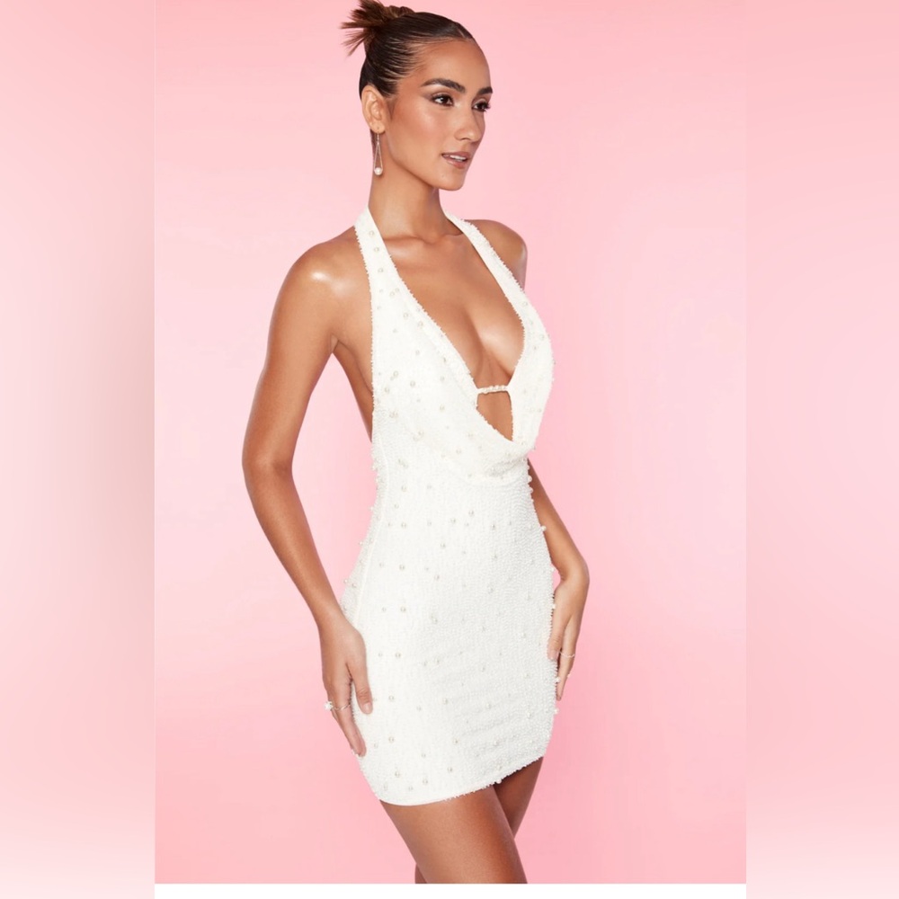 Oh Polly Deep Plunge Embellished Mini Dress in White